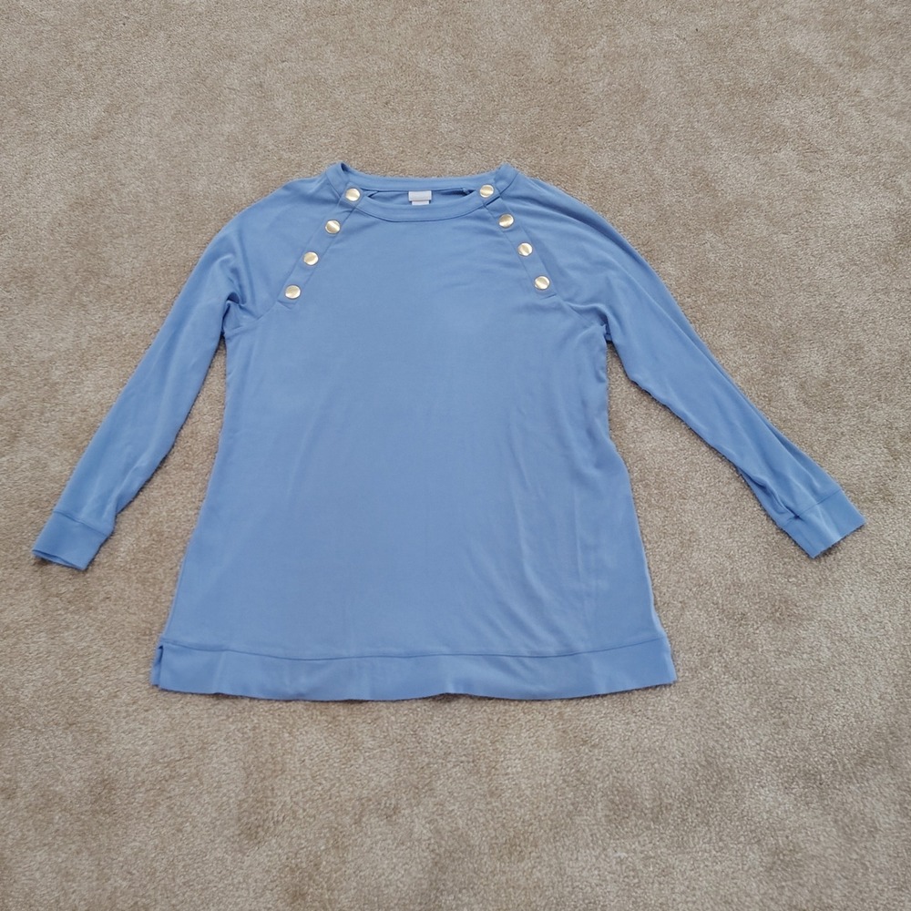 Chico's Top Womens 2 Large Blue Button Shoulder 100% Pima Cotton Long Sleeve
